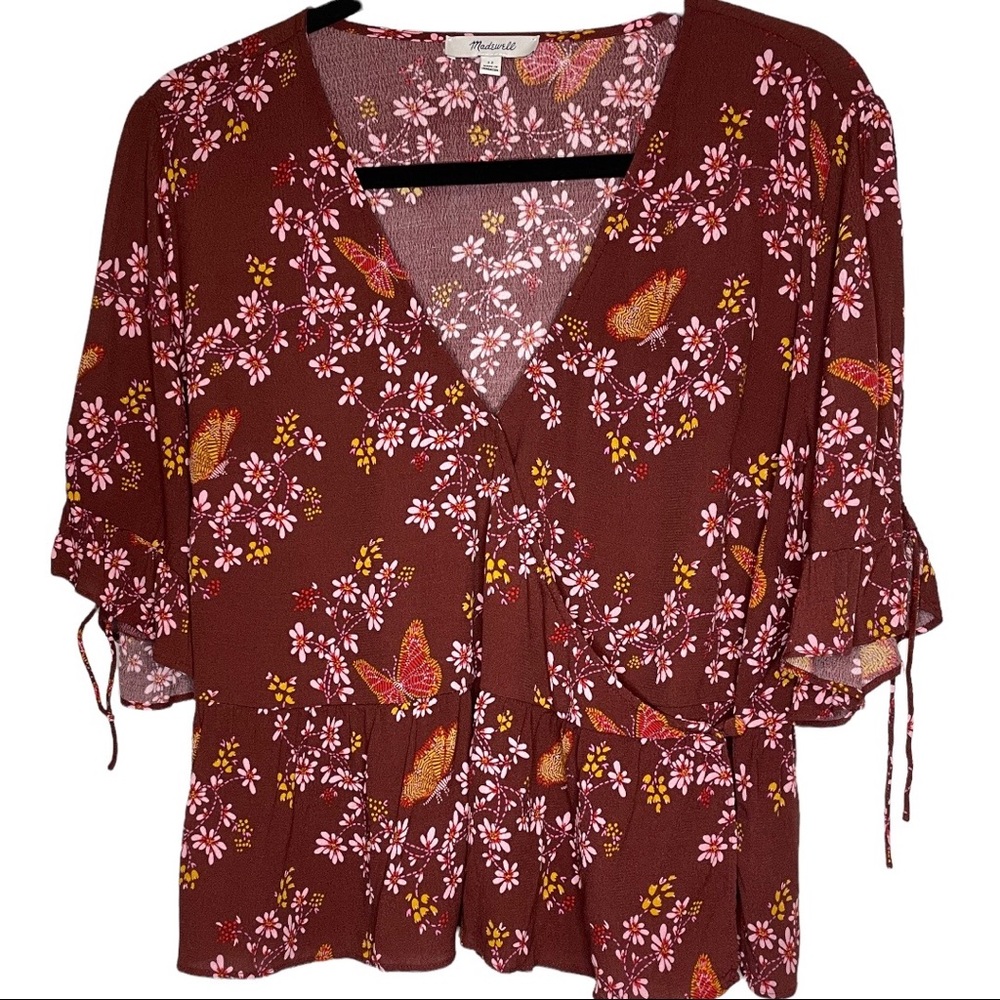 Madewell Tie-Sleeve Brick Red Wrap Top in Butterfly Sanctuary with Tie Sleeves - Picture 15 of 16